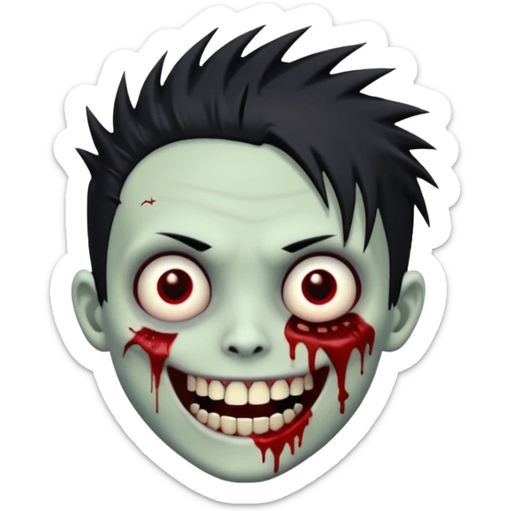 zombie boy with emo spiky hair, white skin, and white eyes; an open smile, and bloodied teeth; sticker