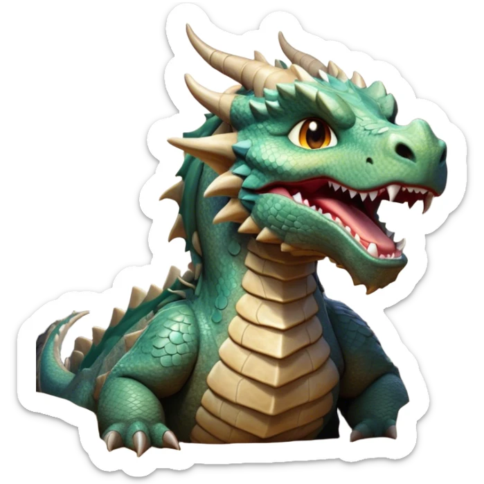 Cinematic Cute Yawning Giant Rock Dragon Portrait Emoji, Head tilted slightly with a dramatic, wide-open yawn, revealing a colossal, rugged body with weathered, rock-like scales and subtly drooping, earthy features rendered in authentic, stony texture; high shine, relaxed yet powerful, styled with a dash of timeless geological charm, soft glowing outline, capturing the essence of a sleepy but stoic rock behemoth ready to settle into an ancient, enduring slumber! sticker