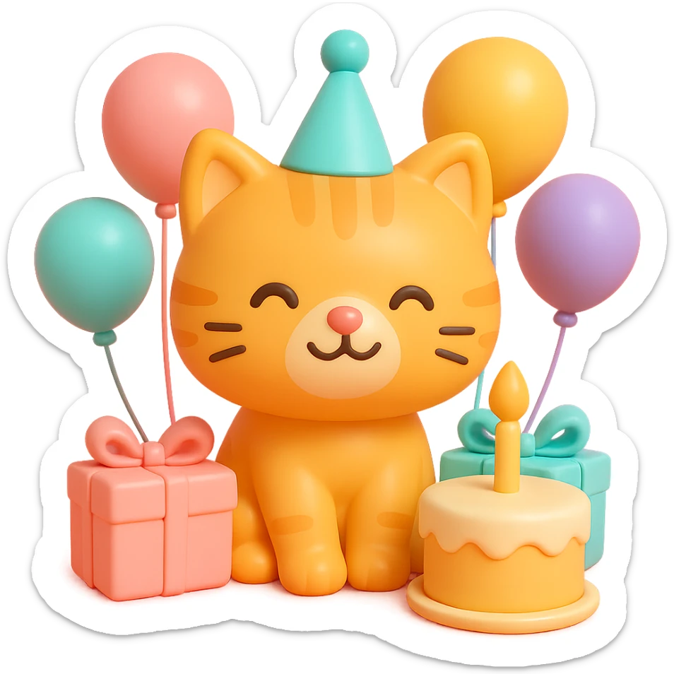 ginger tabby kitten with birthday hat, surrounded by balloons and presents, smiling, birthday cake nearby sticker