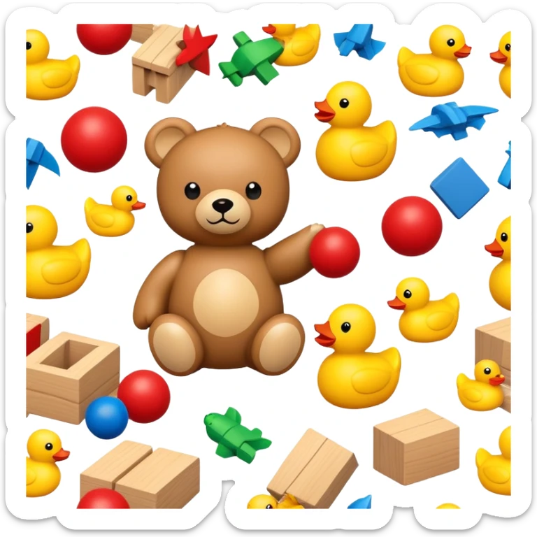 colorful children's toys scattered - teddy bear, yellow duck, wooden blocks, red ball, superhero figure sticker