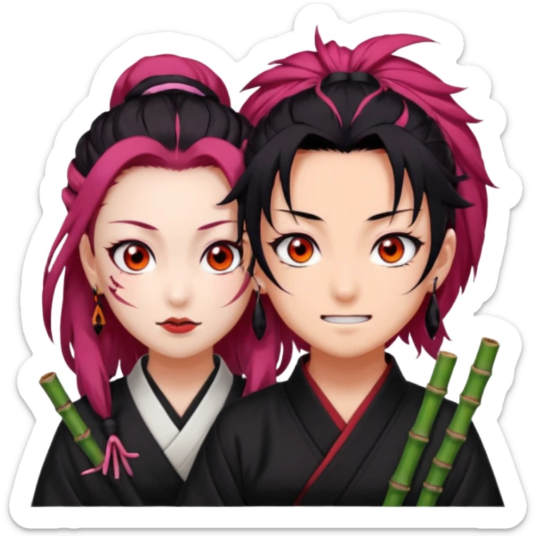 tanjiro: Kind red eyes, black hair with burgundy tips, forehead scar, tanned skin, Hanafuda earrings.                             nezuko:   Pink eyes, black-orange hair, fangs, bamboo muzzle. sticker