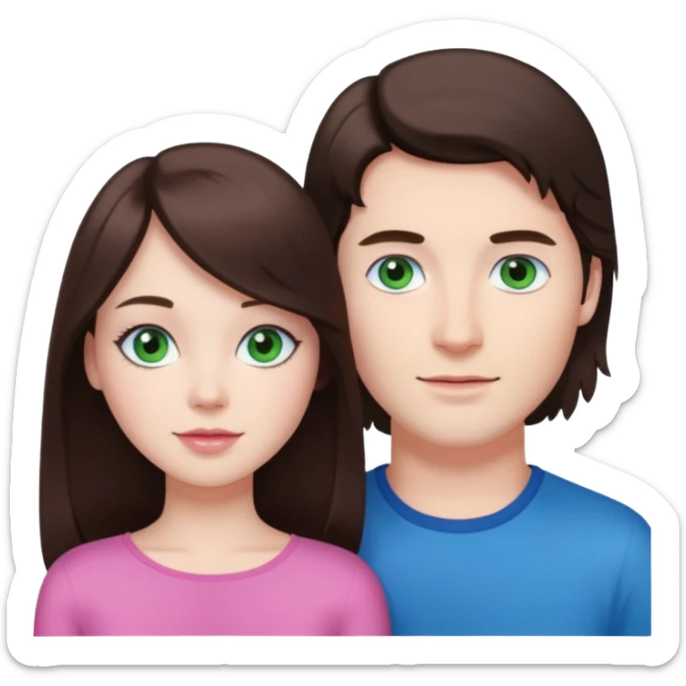 pink polaroid photo of a couple thats white with long brunette hair blue eyes and a white guy with short brunette hair and green eyes sticker