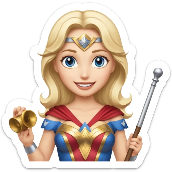 Blonde blue eyed Wonder Woman holding white orchestra conductor’s baton and bell sticker