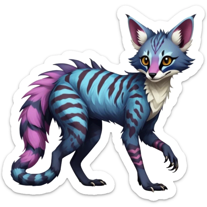 Feral Rare Fantasy dark colorful Vernid-Sergal-Genet-Trico-species by LiLaiRa, random markings, tufted tail, tufted ears, full body sticker
