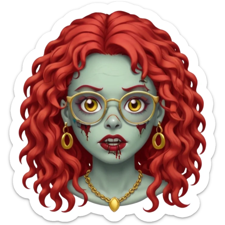 zombie with long red curly hair, thick lashes, black glasses, gold nose piercings on each side of her nose, and a gold eyebrow piercing. sticker