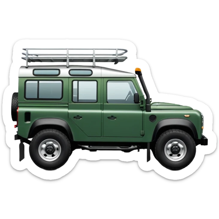Land Rover Defender 110 2.4Tdci in Aintree Green with silver alloy wheels and black roof rack, emoji style, side view sticker