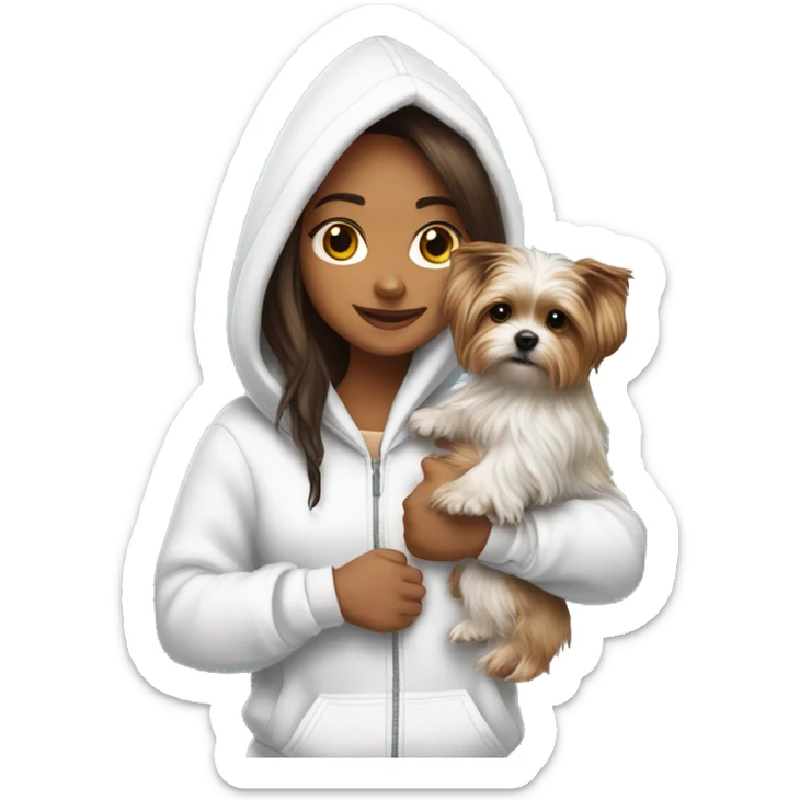 A brunette girl with long hair in white fur headphones in a white hoodie holds a Yorkshire terrier puppy in her arms sticker