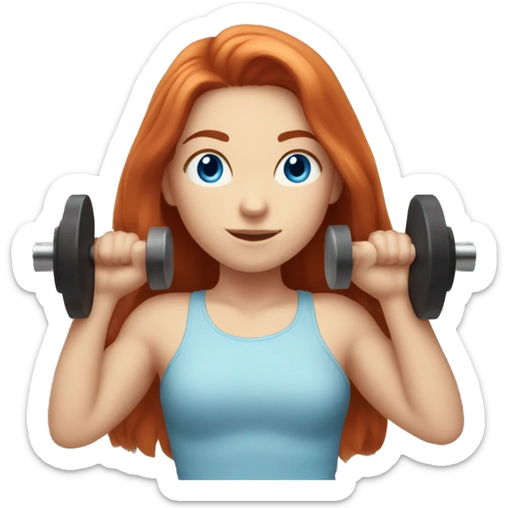 A long-haired red-haired girl with fair skin and blue eyes is pressing the barbell sticker