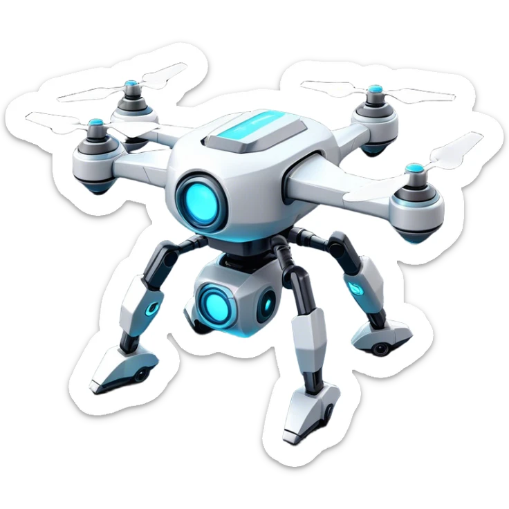 Clash of Clans aesthetic: Cinematic Playful 3D Isometric Robot Drone Emoji, rendered in a 3D vector-style similar to standard emojis with minimal shading and bold, simplified shapes. A compact, distinct form with signature details, softly glowing with a futuristic sci-fi warfare charm. Simplified yet unmistakably iconic, highly detailed and consistent, glowing with a soft radiance and high shine. Stylized with a touch of high-tech brilliance and a soft glowing outline, capturing the essence of a beloved gaming relic with a friendly, playful manner! sticker