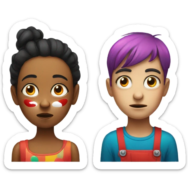 very very Annoyed girl next to boy with a clown face sticker