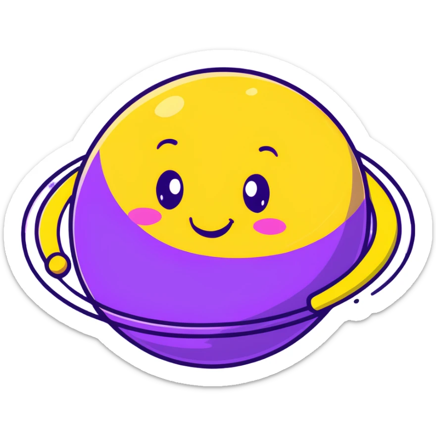 fantasy yellow planet with colorful rings and a cute happy face sticker