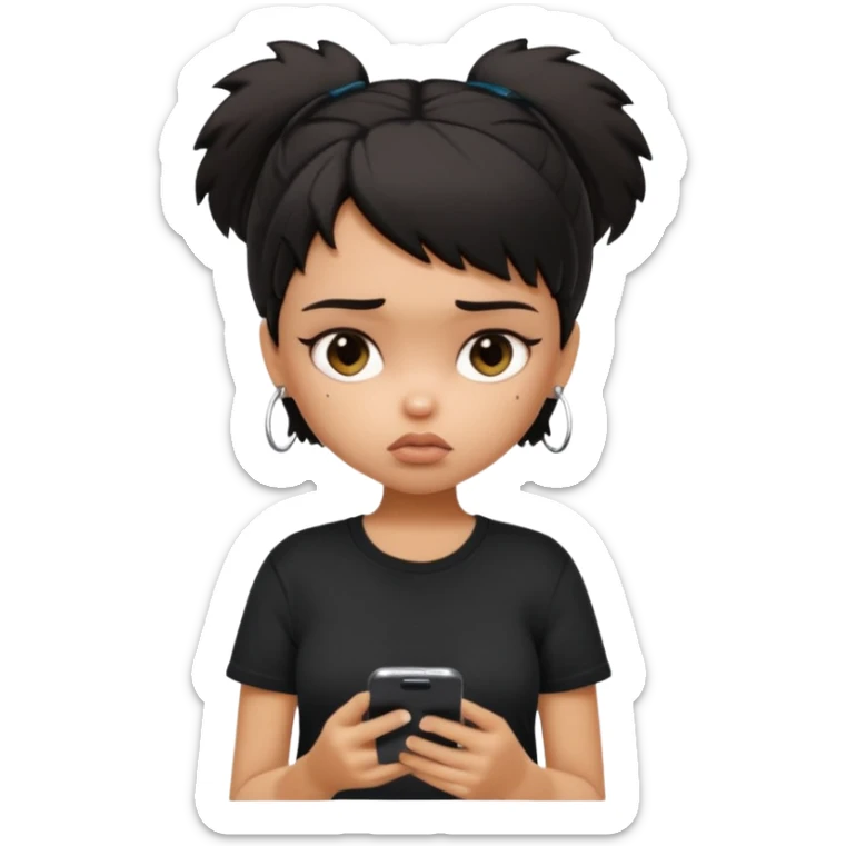 generate a pretty bratz girl with short black very messy dirty hair, looking tired and using her phone, wearing an oversized black tshirt sticker