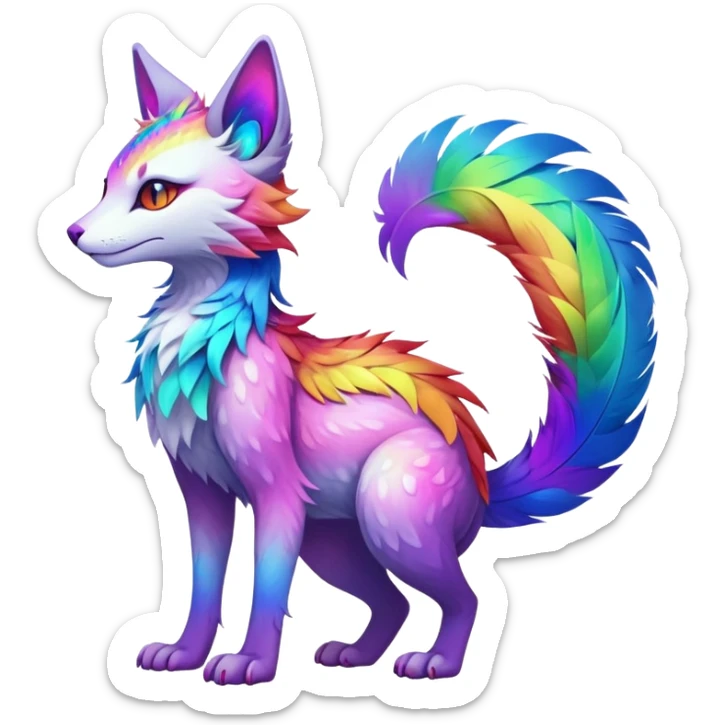 Kawaii neon colorful with feathers-ears rainbow iridescent fantasy ethereal feline-vernid-sergal-fursona animal creature with a tufted tail full body with intricate markings sticker