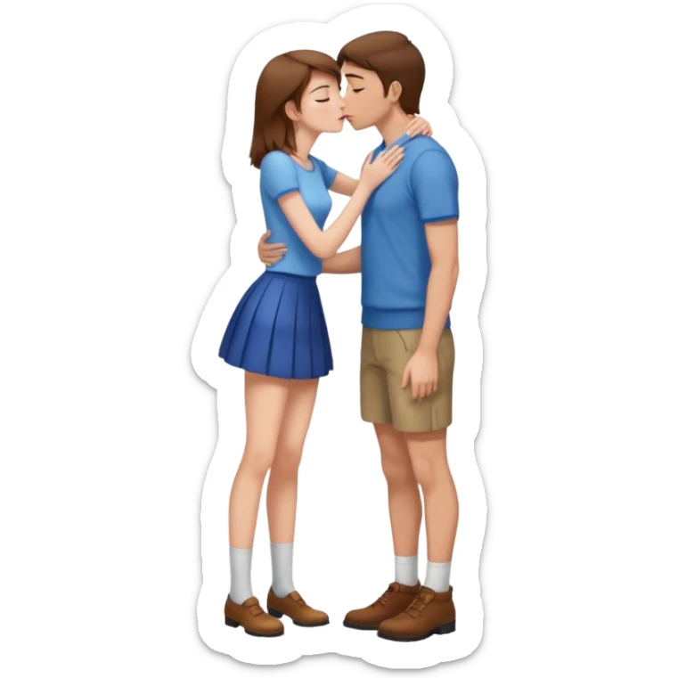 A naked girl with brown hair and bare small breasts openly kisses a tall guy with brown hair full-length on the lips. she is with naked boobs She is wearing a very short skirt and is in full height. sticker