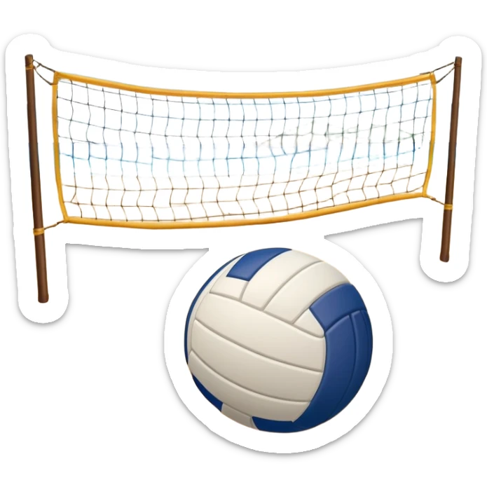 A volleyball resting on the sand on a beach, with the net in the background and a scenic view of the ocean and sky. The scene captures the relaxed yet competitive vibe of beach volleyball, with warm sunlight and the natural beauty of the beach. sticker