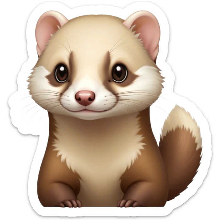 Cinematic Noble Ferret Portrait Emoji, Poised and dignified, with a sleek, elongated body and a distinct ferret head featuring a pointed snout, small, rounded ears, and intelligent, beady eyes, covered in soft, sleek fur with natural brown and cream hues, Simplified yet sharp and sophisticated features, highly detailed, glowing with a warm, natural glow, high shine, exuding an air of quiet confidence, focused and watchful, soft glowing outline, capturing the essence of a clever and majestic ferret that feels as though it could leap from the screen with effortless grace! sticker