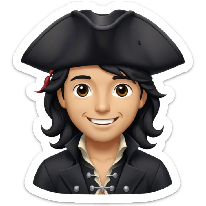 A charismatic pirate with wavy black hair, wearing a black tricorn hat and a sleek black coat with silver buttons, smiling confidently. sticker