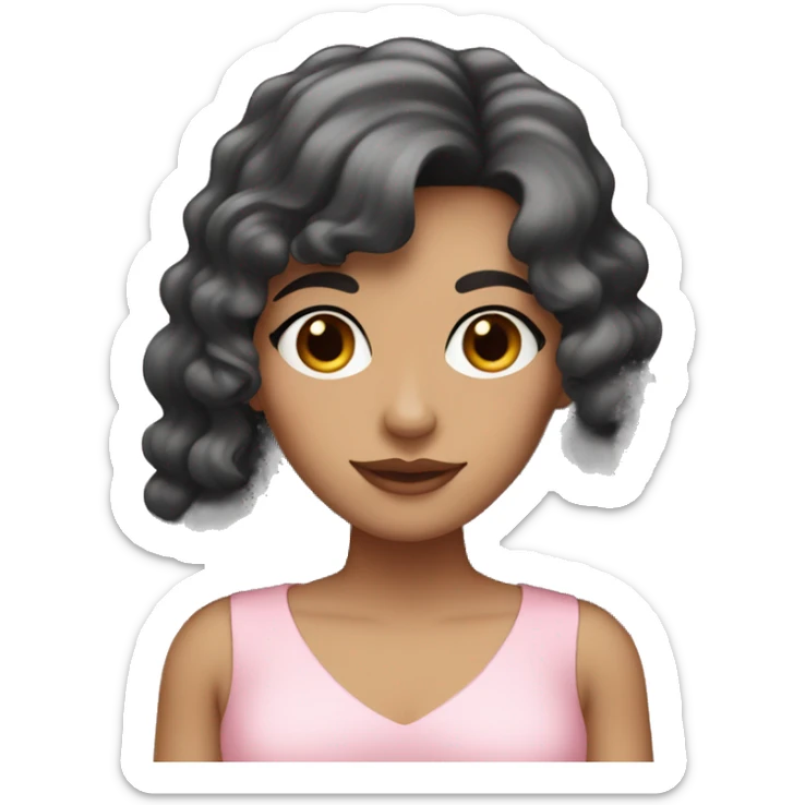 White woman with long black curly hair and bangs and dark brown eyes, wearing a pastel pink dress sticker