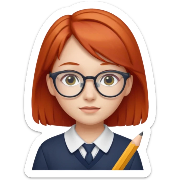 red hair girl kid with glasses → holding a pencil with school uniform sticker