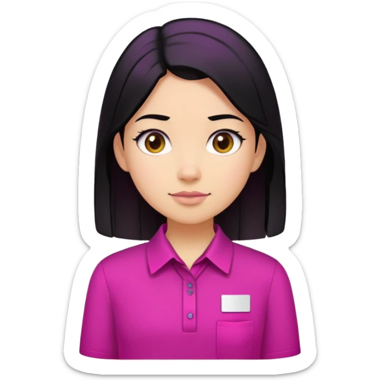 girl wearing a magenta shirt with white name tag with black hair  sticker