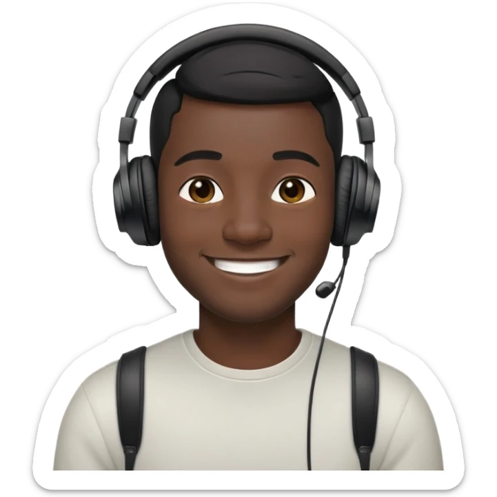 người đàn ông 30 tuổi, da đen, tóc ngắn màu đen, mặt cười to vui vẻ, đeo tai nghe màu đen sticker