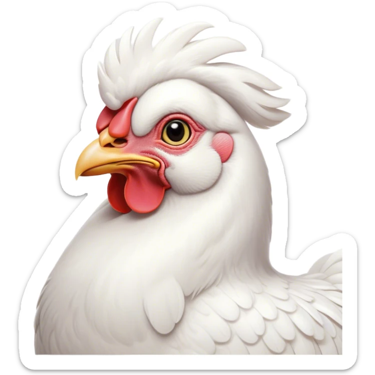 Cinematic Noble White Chicken Portrait Emoji, Poised and regal, with a compact, sturdy build and a pristine, well-groomed pure white plumage, deep-set soulful beady eyes, Simplified yet sharp and sophisticated features, highly detailed, glowing with a soft, dignified glow, high shine, intelligent and alert, stylized with an air of barnyard elegance, focused and attentive, soft glowing outline, capturing the essence of a watchful and confident fowl, so majestic it feels as though it could strut out of the screen with effortless authority! sticker