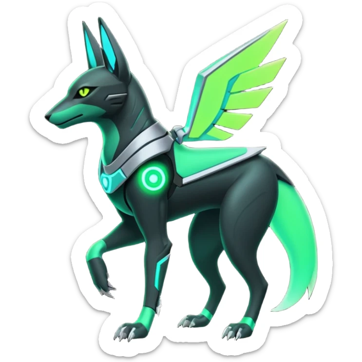 Black and green cyberpunk intricate neon glowing grey white futuristic cyborg-Anubis-Hermanubis-Zeraora-Zoroark-Umbreon-fusion (full body) sticker