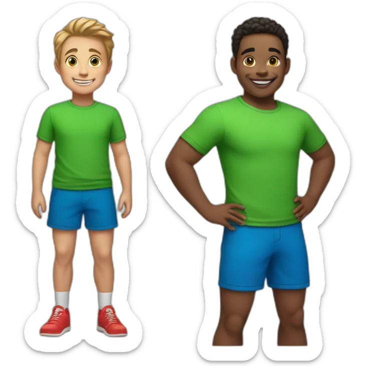 two boys are smiling. One boy with a ball, wearing a green t-shirt and blue shorts, the other wearing a red t-shirt and black shorts. sticker