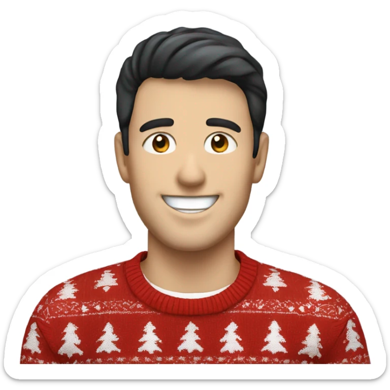 Happy white man with black hair and red christmas jumper and blue jeans  sticker