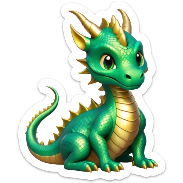 Cinematic Cute Dragon Portrait Emoji, Head tilted playfully and inquisitively, featuring a sleek, serpentine form adorned with iridescent scales that shift between emerald and gold, a delicate set of subtle horns, and round, sparkling eyes full of curious magic; rendered with realistic detail and warm natural light, high shine, affectionate and enchanting, styled with a touch of whimsical fantasy, soft glowing outline, capturing the essence of a mischievous yet lovable dragon that seems poised to slither playfully into your arms! sticker