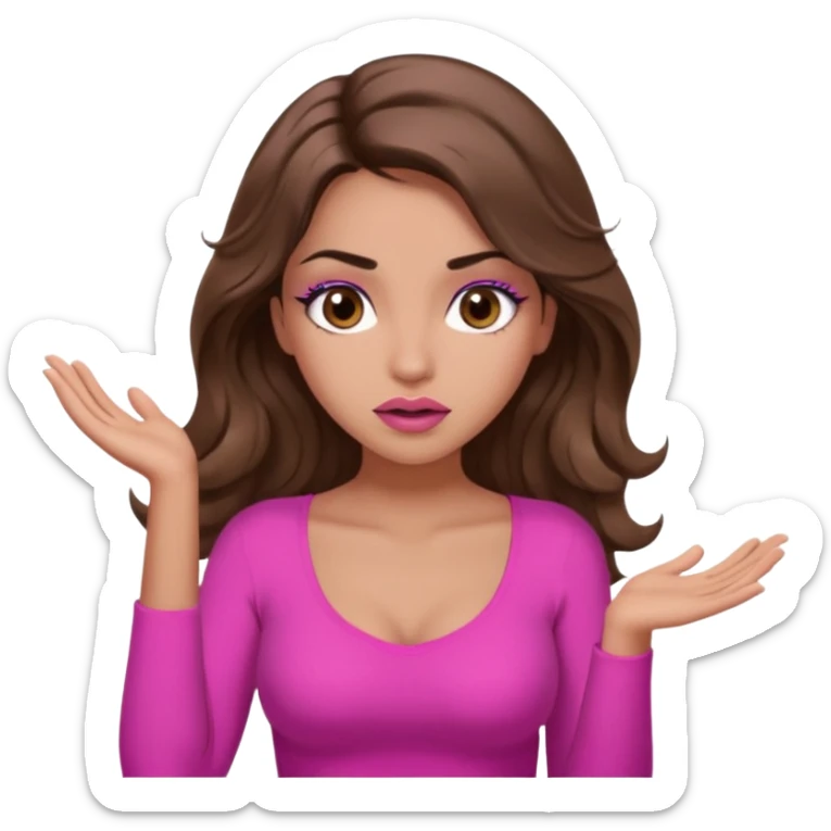 girl with long wavy brown hair, brown eyes, long lashes makeup, sexy pink lips, light to medium complexion, pink sexy top, shrugging with both hands, confused sticker