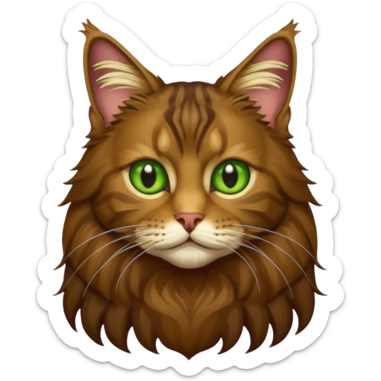 je veux un emoji chat main coon marron foncé  à poil long avec les yeux vert jaunes, en entier assis stp  sticker