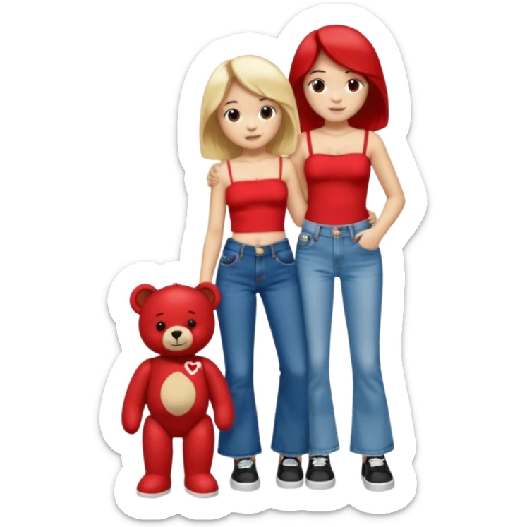 A boy and a girl teddy bear for the boy bear put on true religion shirt and jeans with black shoes and for the girl put flare jeans and a red tube top and white shoes just bears not the humans  sticker