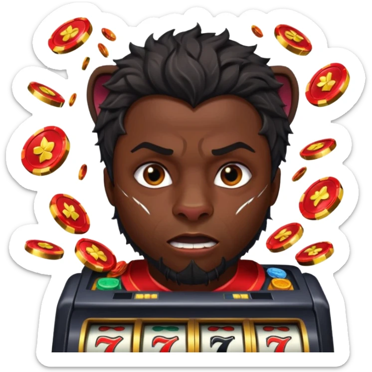 disheveled Black Panther losing money at a slot machine, panicked face, coins flying sticker