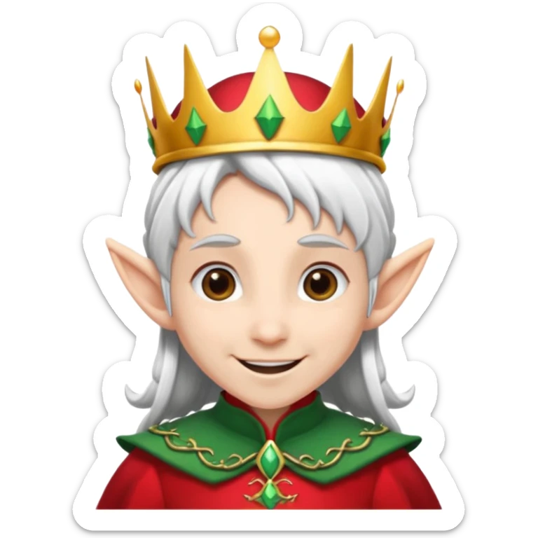 an elf with crown on the head, wearing black and red clothes, white hair sticker