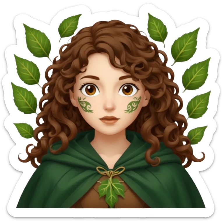 woman with long curly brown hair, brown eyes, white skin, tattoos, cloak made of animated leaves swirling sticker