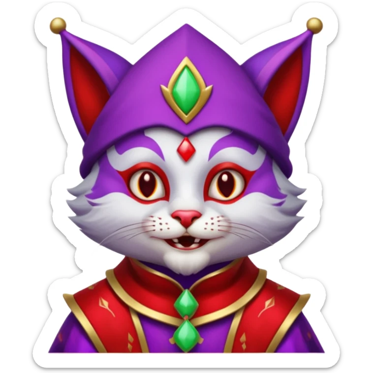 crazy colorful cute little cat jolly joker from poker, medieval, vintage, court jester, mac os icon, purple and red color, silver inserts, half body sticker