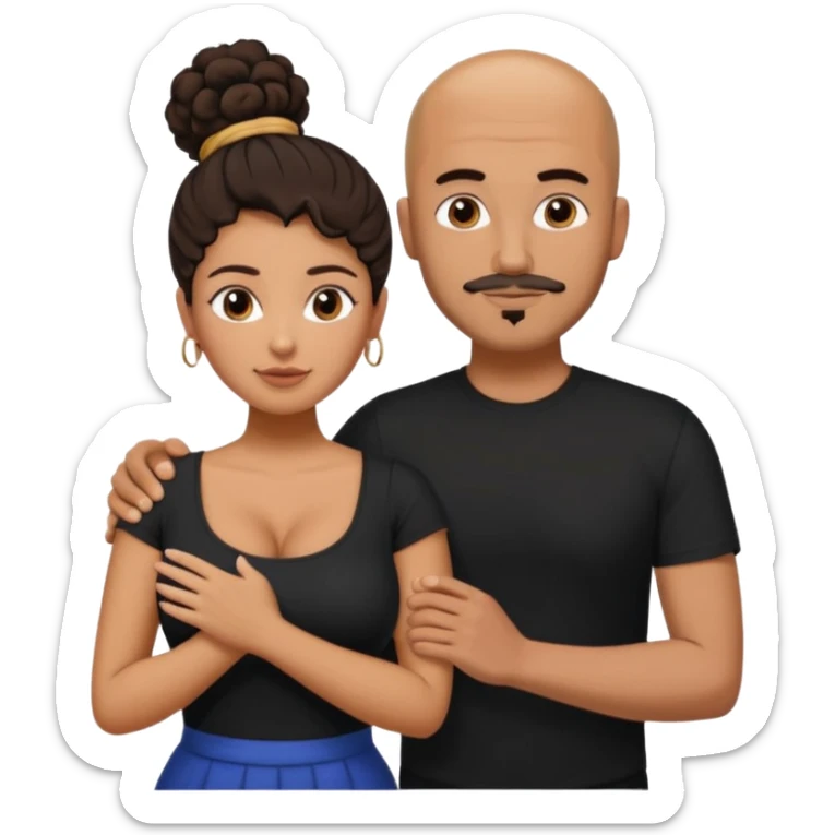A picture of a tanned couple with the man's arm on her. the man is a Mexican man with tanned skin, a bald hair cut, short beard and wearing a black shirt. the woman is mixed, with curly dark brown hair in a messy bun and with big boobs  sticker