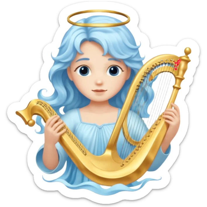 A serene angel with pastel-blue waves of hair, carrying a golden harp.








 sticker