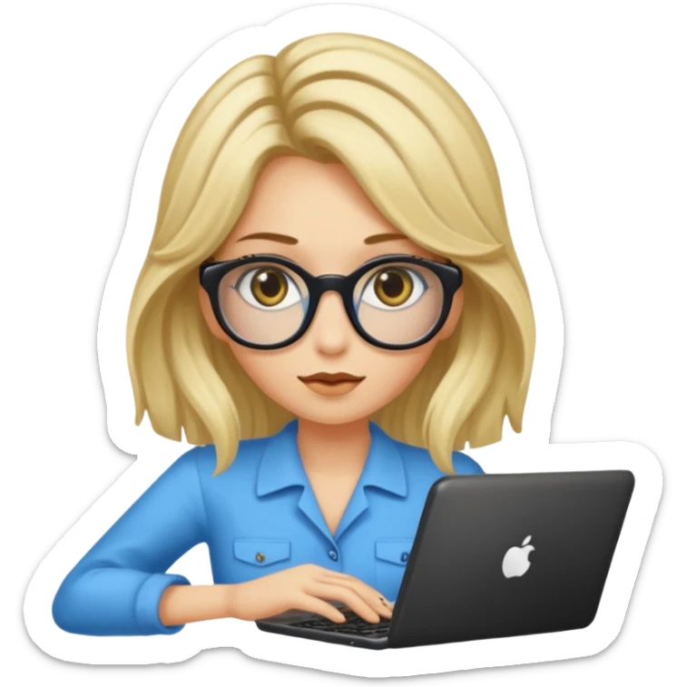 ragazza bionda con capelli lunghi, con occhiali tartarugati, occhi azzurri che lavora al pc sticker