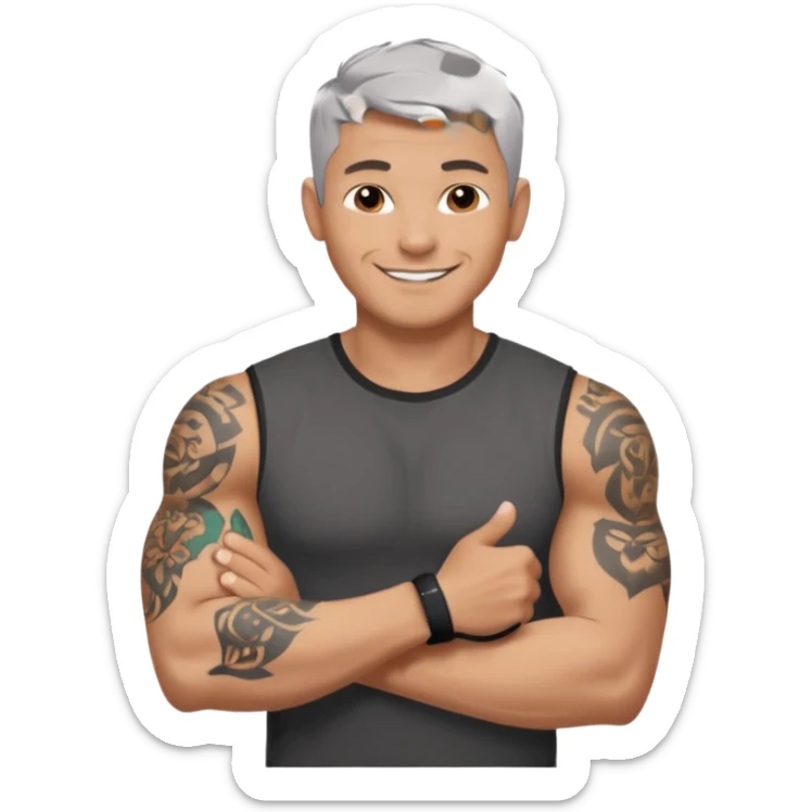 un homme de 35 ans, cheveux très court gris, qui sourit, musclé avec le bras droit tatoué et un tee shirt noir sticker