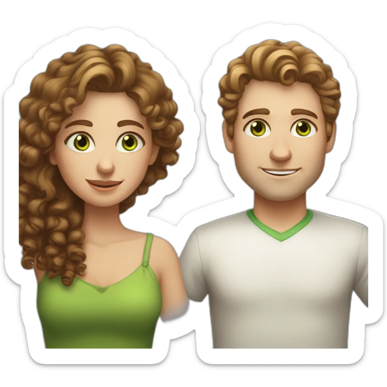 white European man with brown curly hair, blue eyes. chubby wphite woman with long light brown curly hair and green eyes sticker