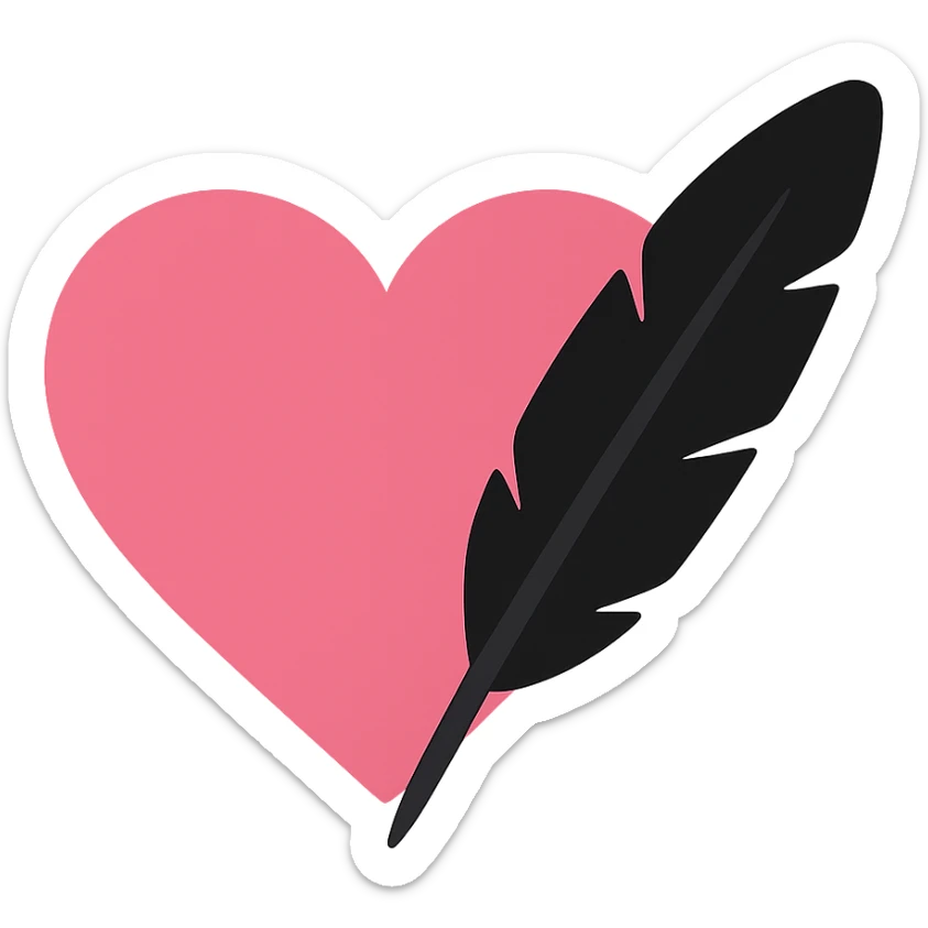 gothic heart with a black raven feather, color icon filled style, pink and black sticker