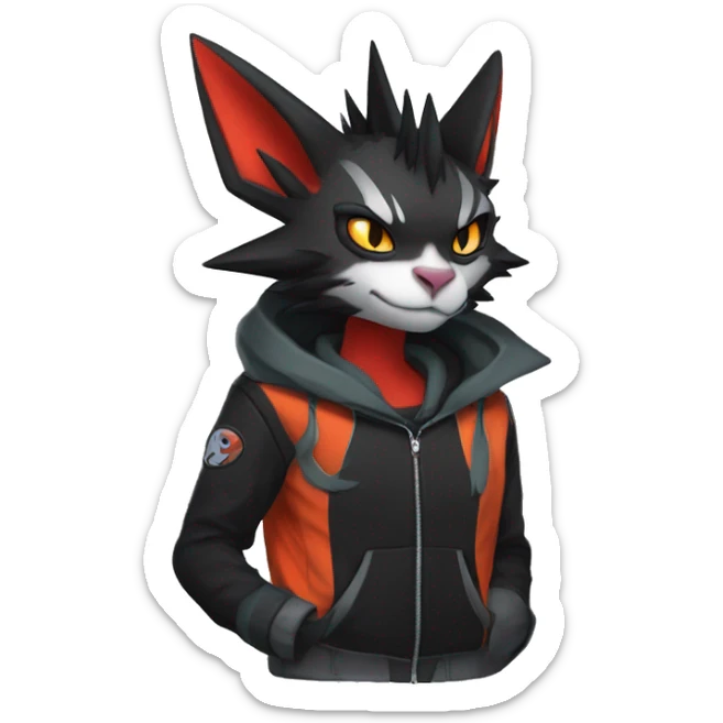 Cool Anthro Black Noivern-Nargacuga-Litten-cat-Pokémon with edgy stripes hoodie spiked collar punk Full Body sticker