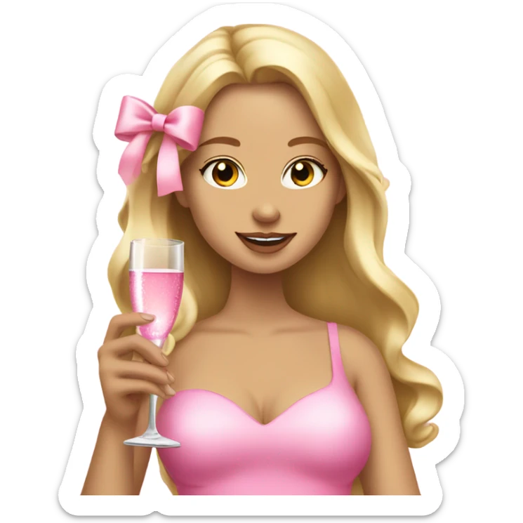 Pretty blonde lady with long hair drinking pink champagne with pink bow on hair sticker