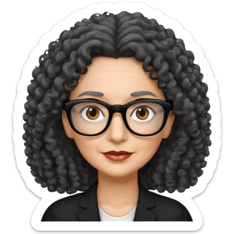 femme 60 ans cheveux gris foncé très bouclé longs et yeux marrons foncé,  lunettes rectangle noir sticker