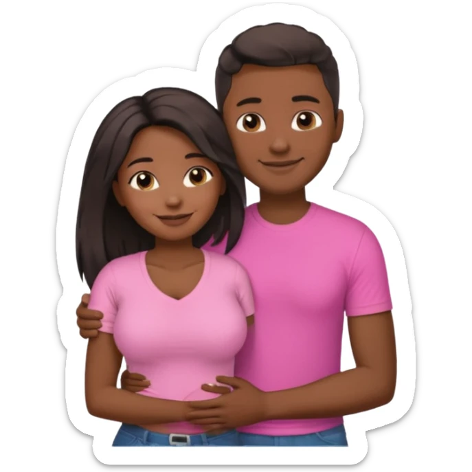 Black lesbian couple with one dark skin masculine with short hair low cut fade with a t shirt with breasts and one feminine with very long hair in a pink blouse hugging  sticker