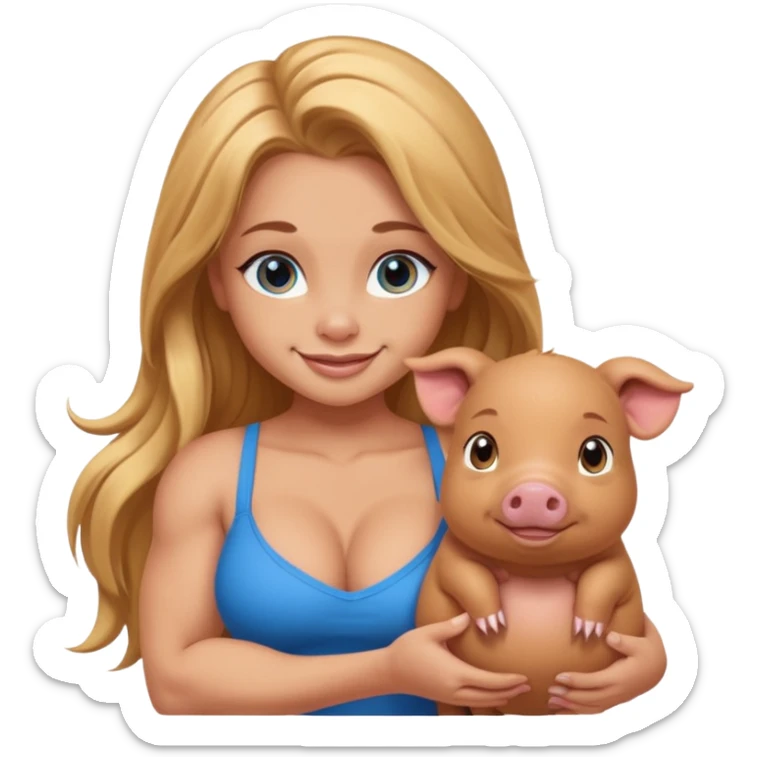 muscled sexy girl, big butt, holding cute brown minipig, long golden hair, blue eyes sticker