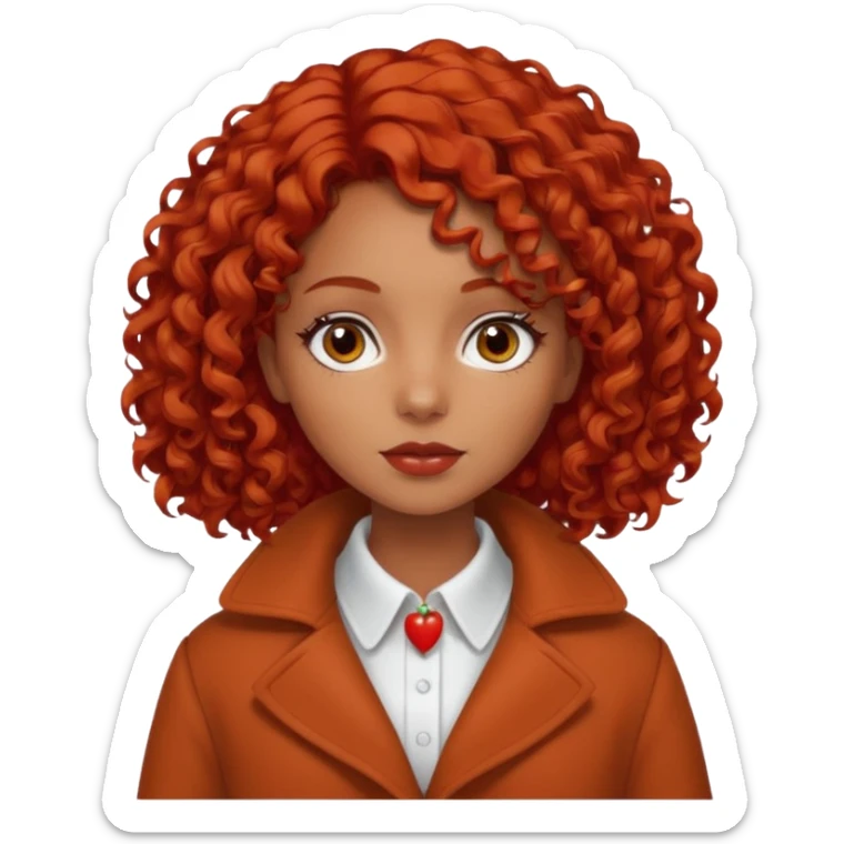 
Dark tanned girl with medium-length, curly, tomato-red hair, dark eyes, wearing a coat with a white collar. sticker