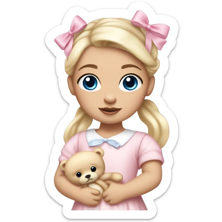 Little  babygirl with White skin, blue eyes. Light blonde hair in two ponytails, with light pink bows.  She is wearing a light pink and White dress, holding a teddybear with a pink bow. sticker